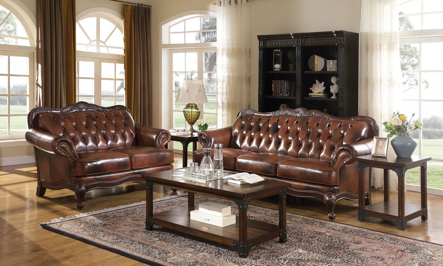 Victoria  Leather Upholstered Sofa Set Brown