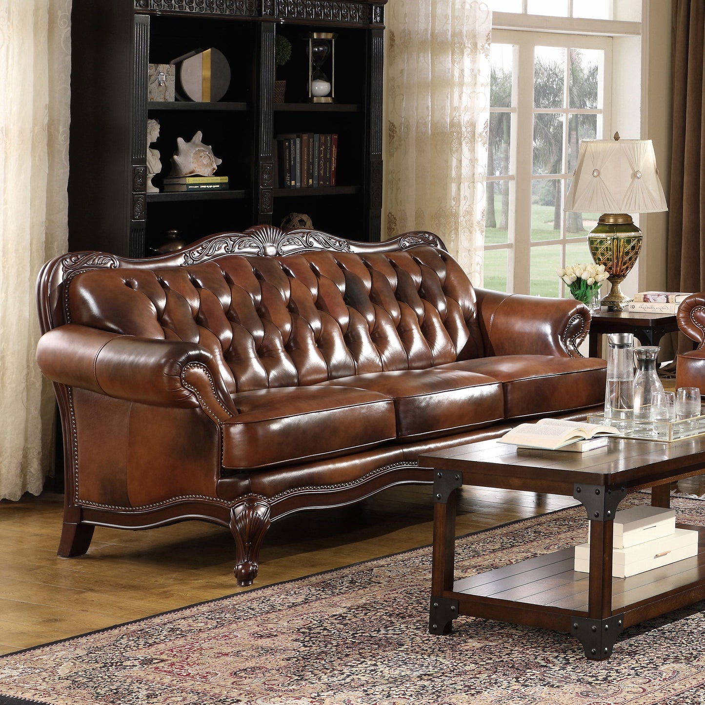 Victoria Leather Upholstered Rolled Arm Sofa Brown