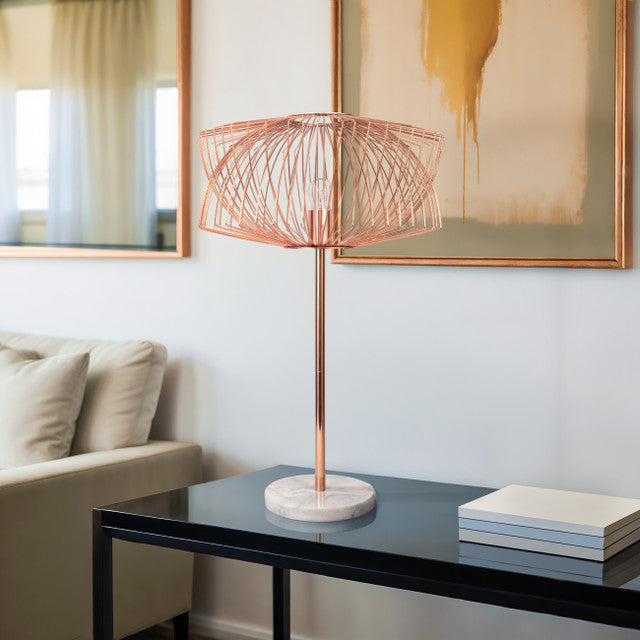 Metal 28" Table Lamp W/cage Shade, Rose Gold