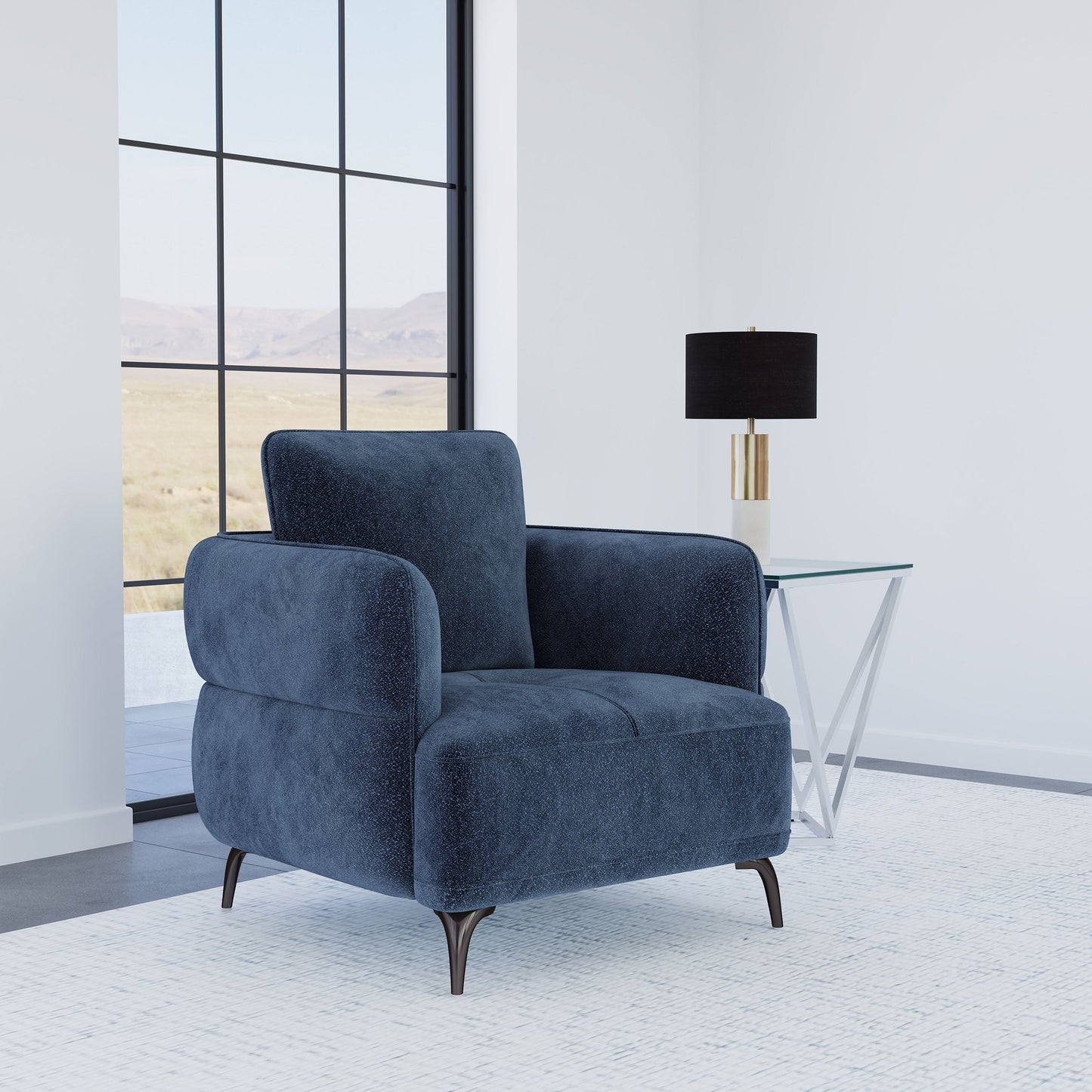Sillón moderno tapizado en chenilla con brazos en azul
