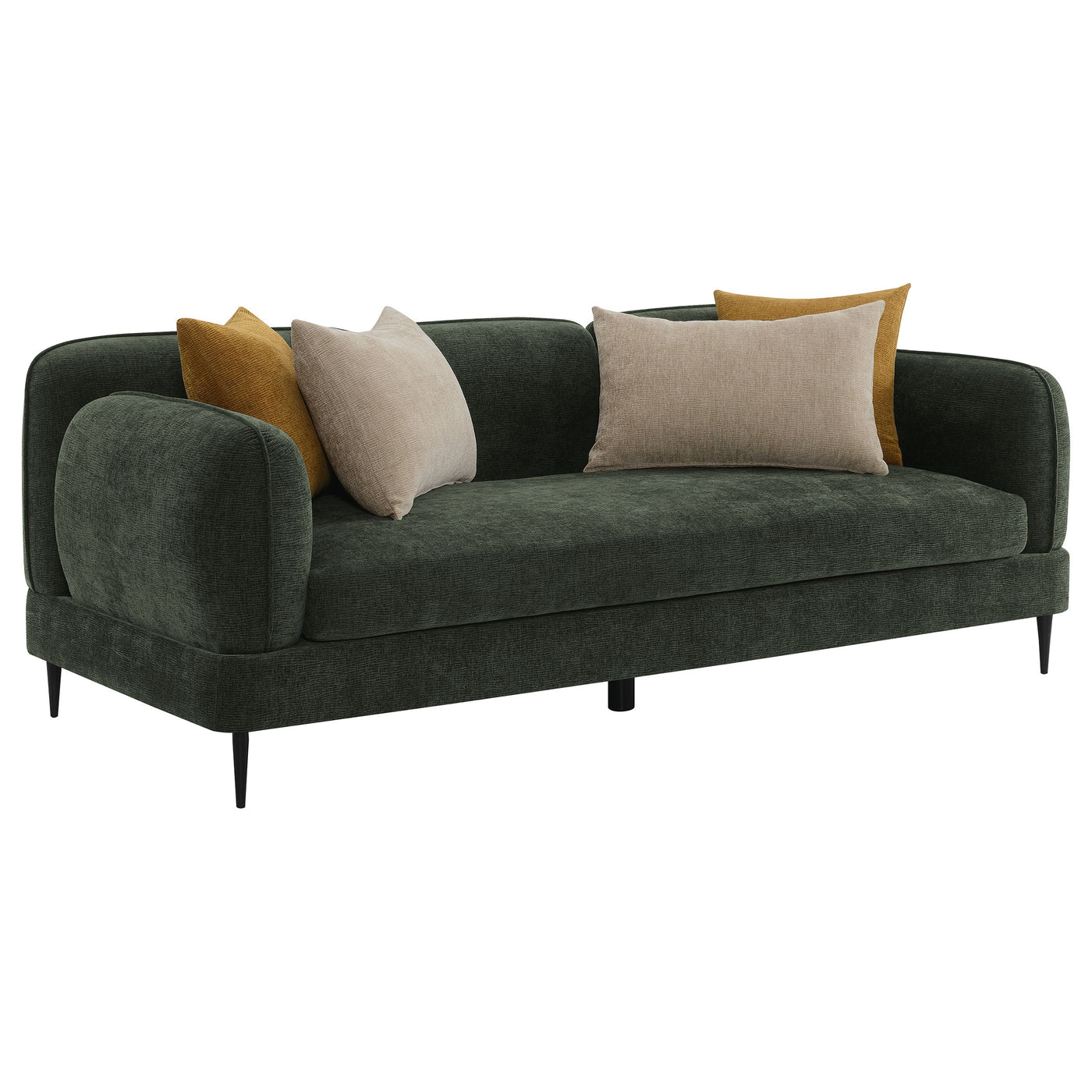 Sofá moderno con brazos de riel tapizado en chenilla Jade, color verde