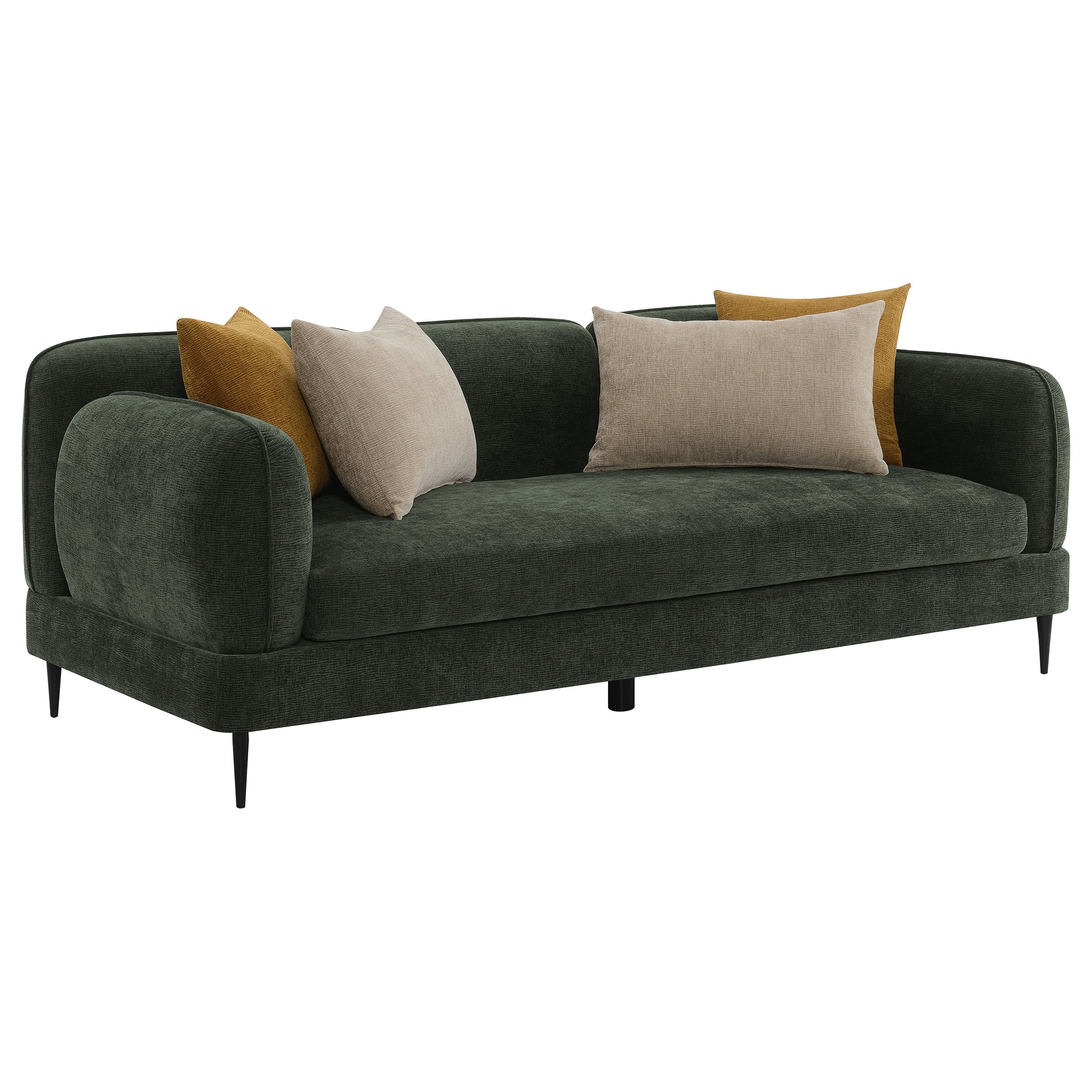 Sofá moderno con brazos de riel tapizado en chenilla Jade, color verde