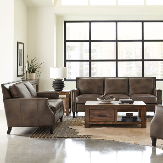 Leaton Upholstered Recessed Arm Sofa Set Brown Sugar