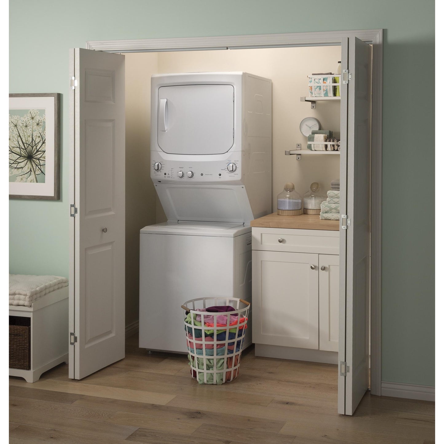  GE Stacked Washer/Dryer Electric Laundry Center GUV27ESSMWW IMAGE 12