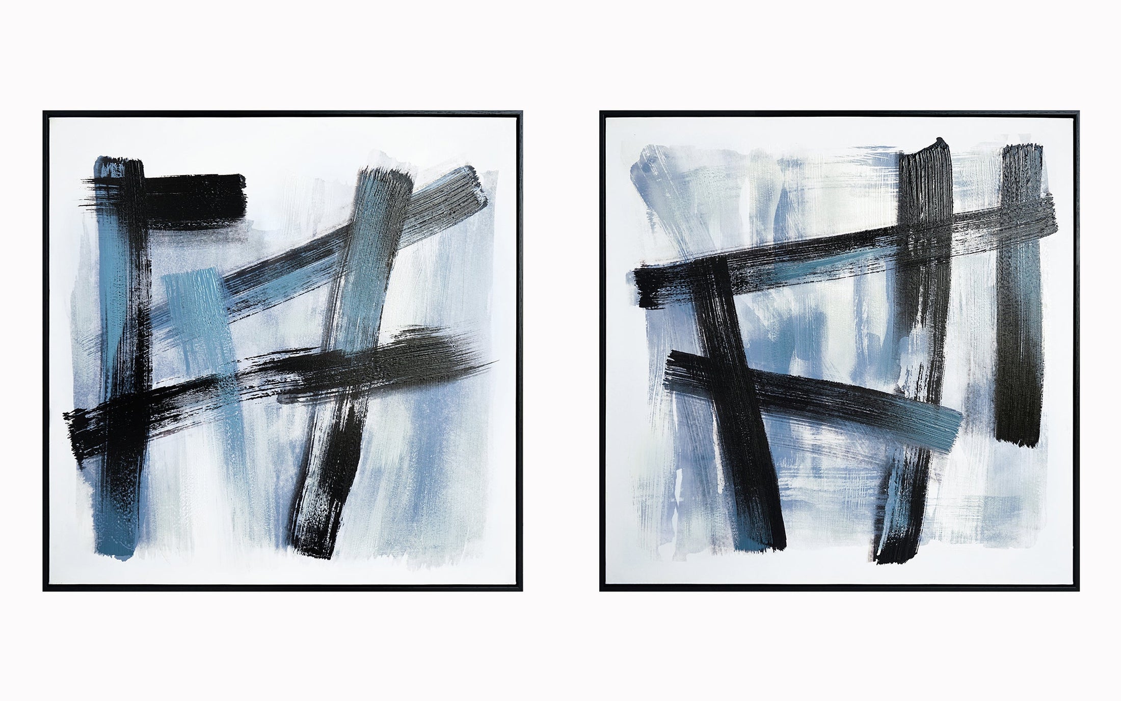 ''Bold Azure Gesture Diptych'' Hand-painted Canvas in Frame (set)