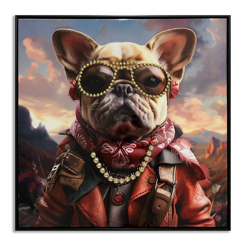 ''Male Fancy Dog'' Gloss Canvas w/ Glitter & Rocks in Frame