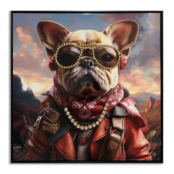 ''Male Fancy Dog'' Gloss Canvas w/ Glitter & Rocks in Frame