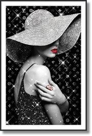 ''Glamorous Woman with Hat in Glitter Art'' Gloss w/ Foil & Rocks in Frame