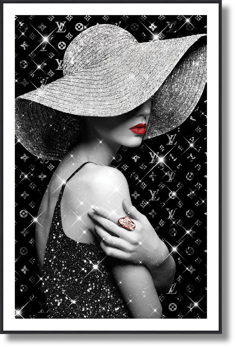 ''Glamorous Woman with Hat in Glitter Art'' Gloss w/ Foil & Rocks in Frame