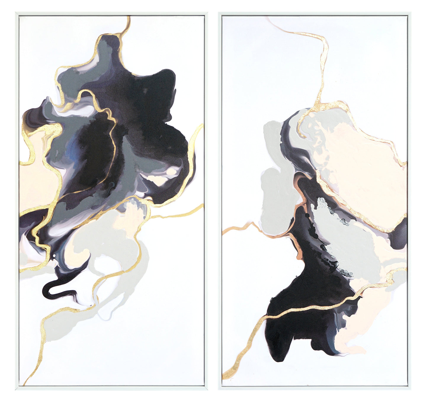 ''Gilded Monochrome Reverie Duo'' Hand-painted Canvas in Frame (set)