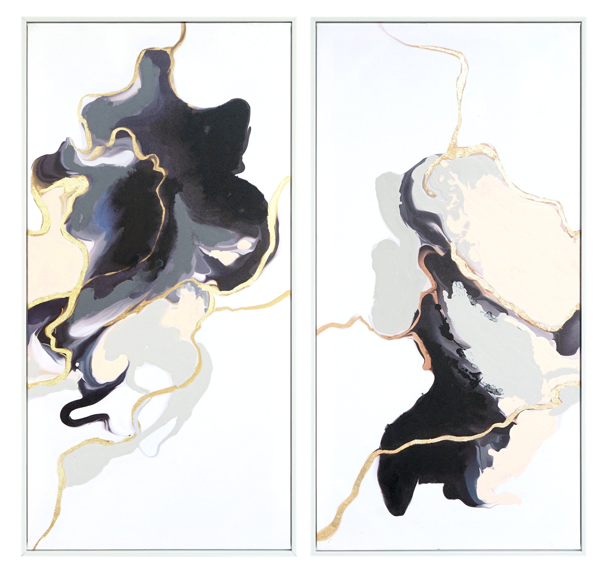 ''Gilded Monochrome Reverie Duo'' Hand-painted Canvas in Frame (set)