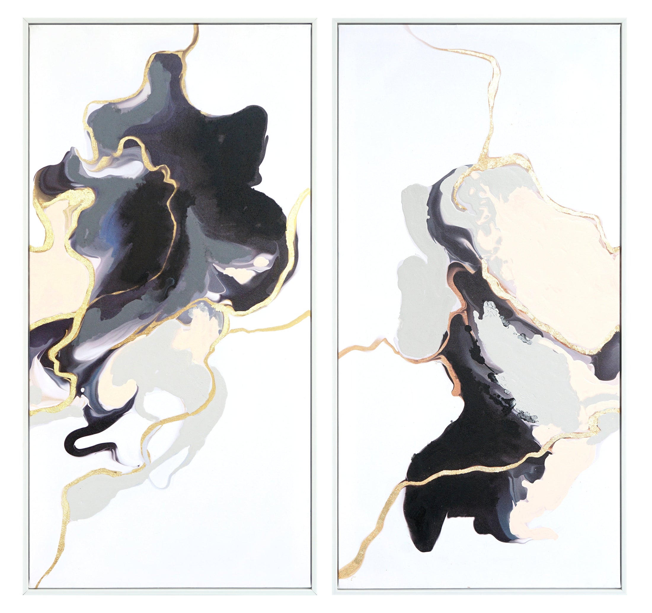 ''Gilded Monochrome Reverie Duo'' Hand-painted Canvas in Frame (set)