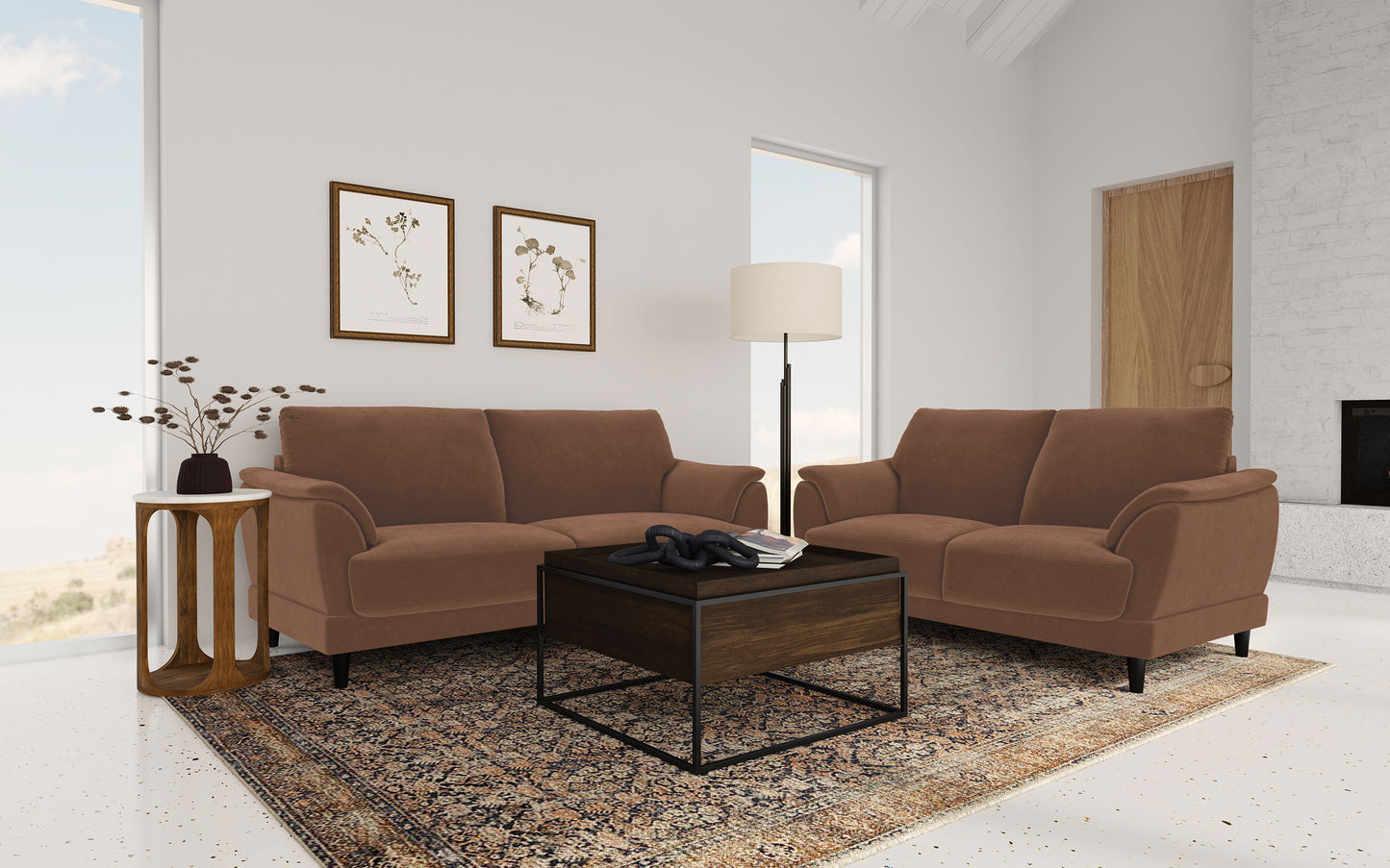 Selma 2-piece Velvet Upholstered Crescent Arm Sofa Set Rust