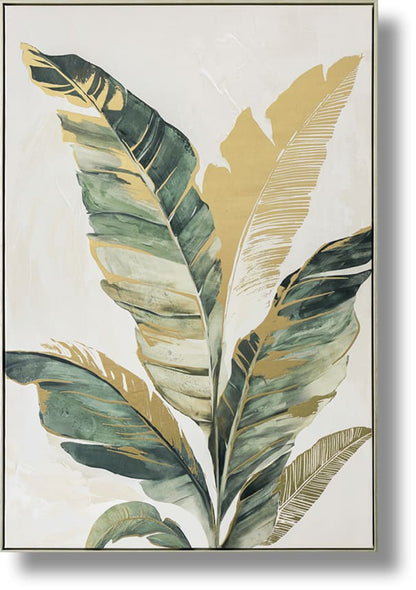 ''Golden Tropics Banana Leaf Elegance'' Hand-painted Canvas in Frame