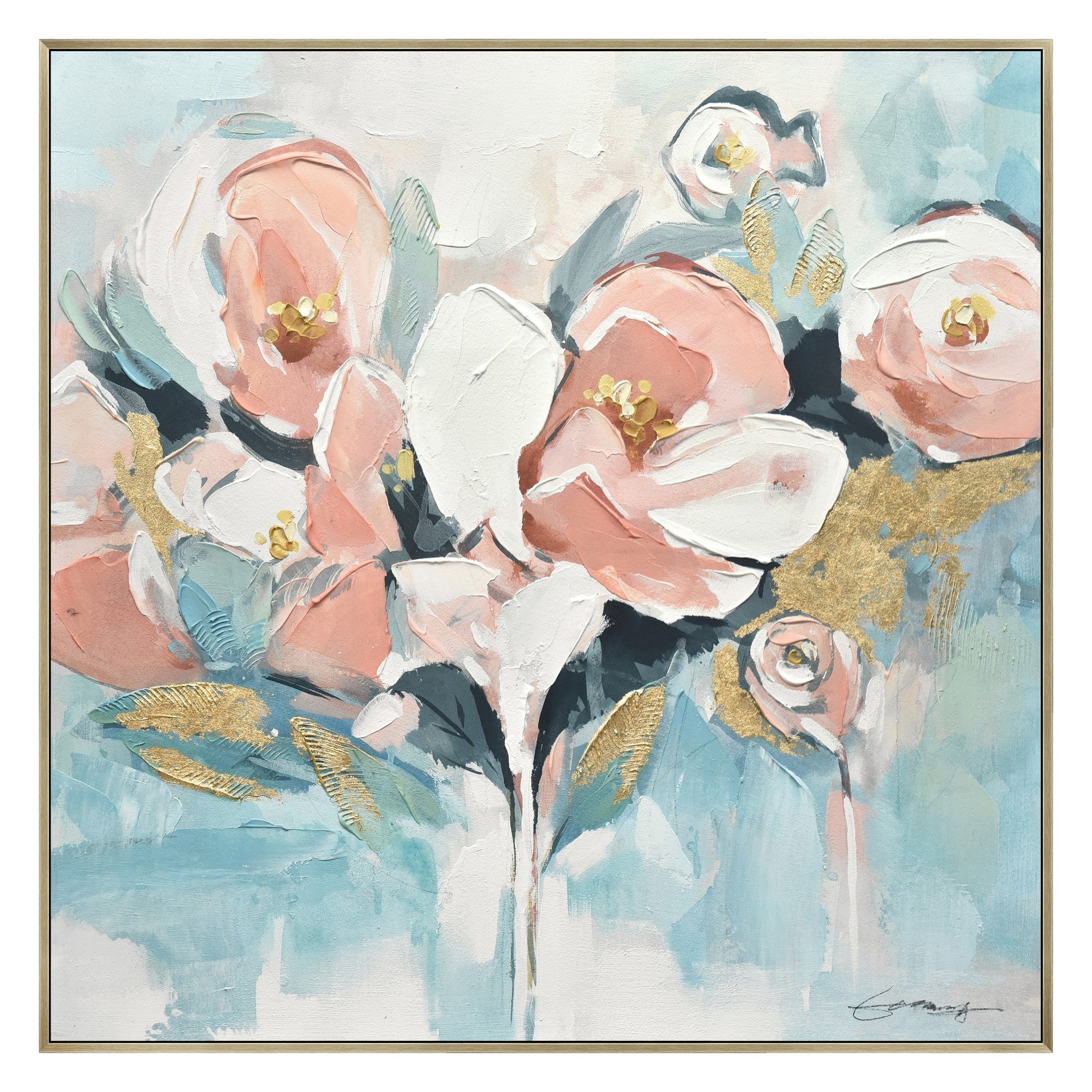 ''Teal and Pink Floral'' Hand-painted Canvas in Frame