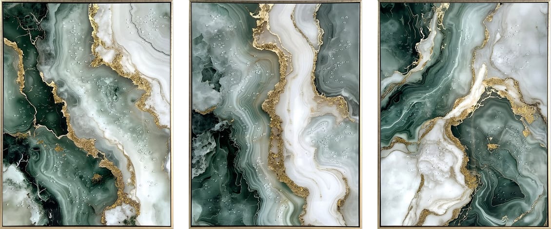 Jade Veining Hand-Embellished Canvas w/Rocks & Foil in Frame