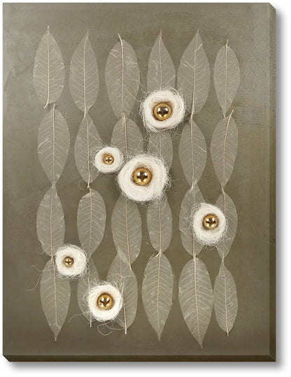 ''Golden Orbs & Whispering Leaves Abstract'' Hand-painted 3D Canvas