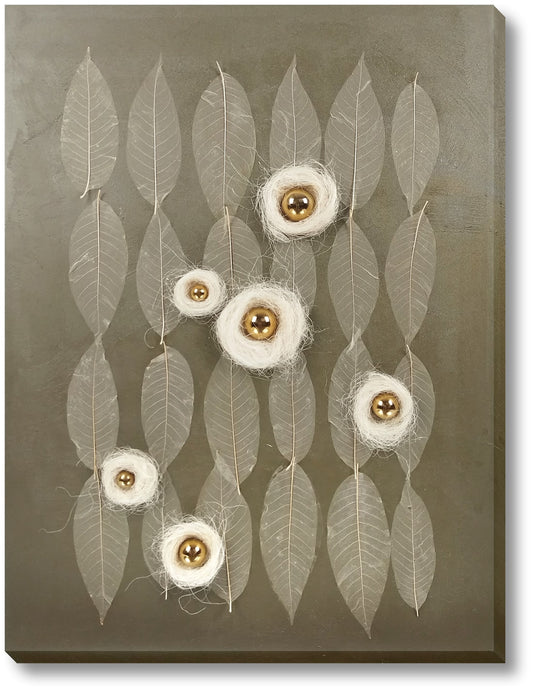 ''Golden Orbs & Whispering Leaves Abstract'' Hand-painted 3D Canvas