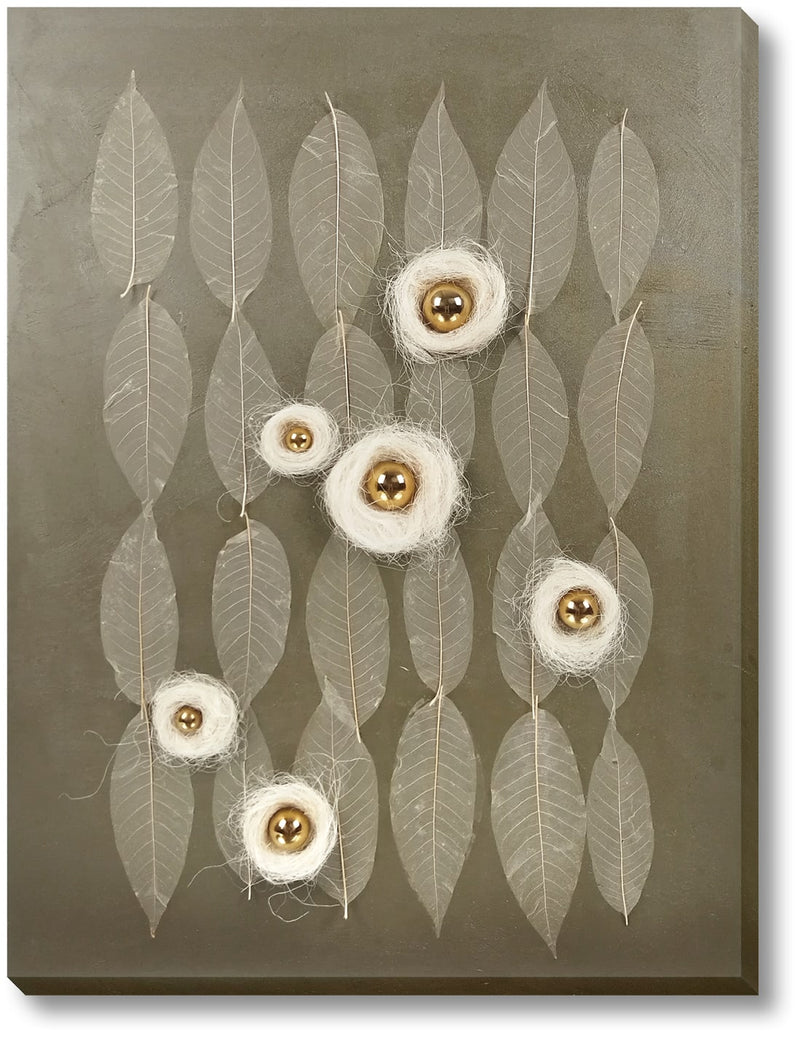 ''Golden Orbs & Whispering Leaves Abstract'' Hand-painted 3D Canvas