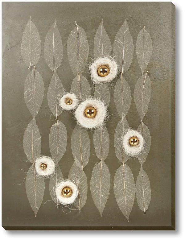''Golden Orbs & Whispering Leaves Abstract'' Hand-painted 3D Canvas
