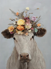 ''Flower Head Cow'' Hand-painted Canvas w/ Flowers