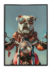 ''Dog on Motorcycle'' Gloss Canvas w/ Rocks in Frame