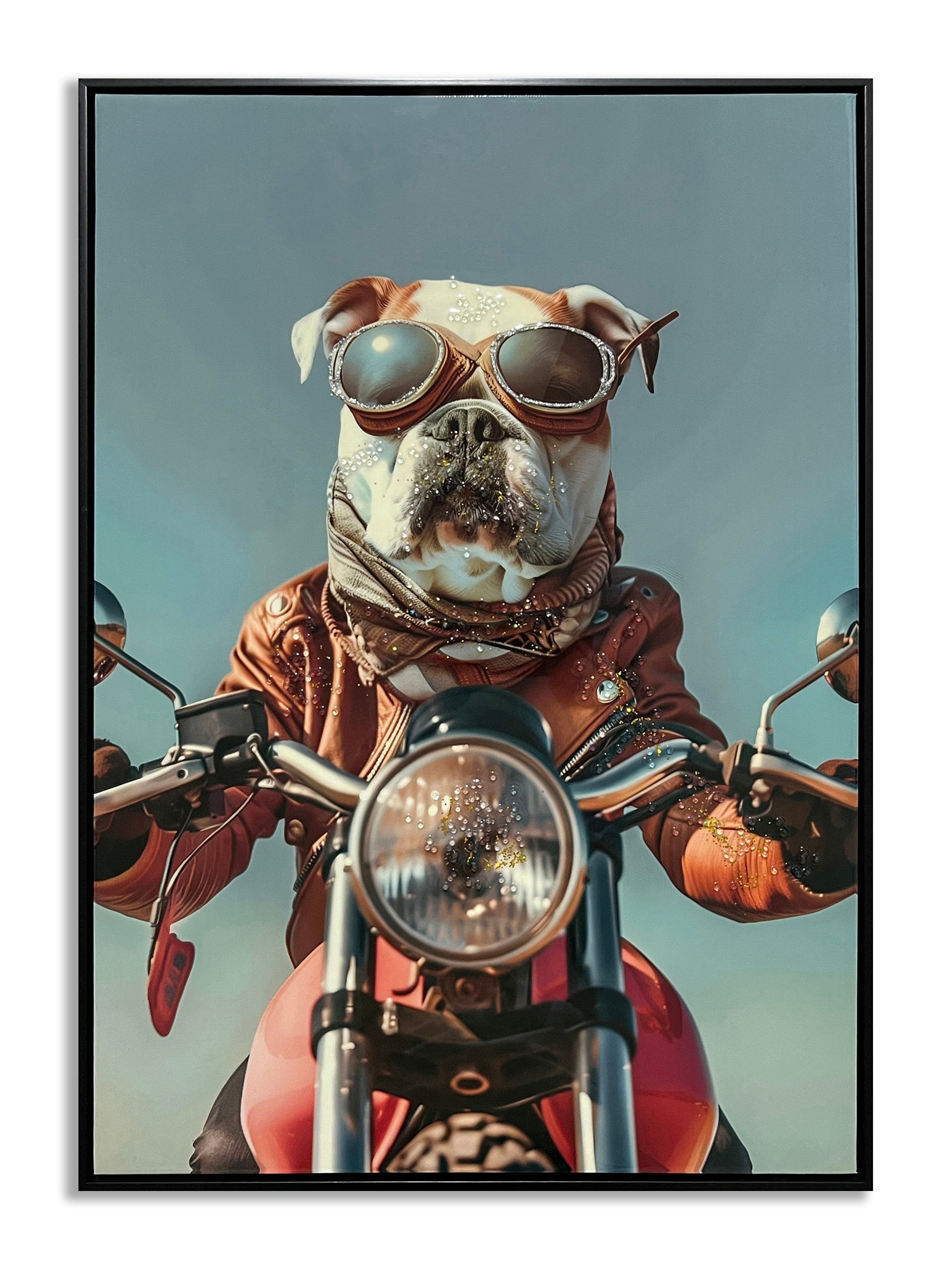 ''Dog on Motorcycle'' Gloss Canvas w/ Rocks in Frame