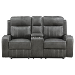 Loveseat tapizado con brazo articulado y movimiento Raelynn, color gris