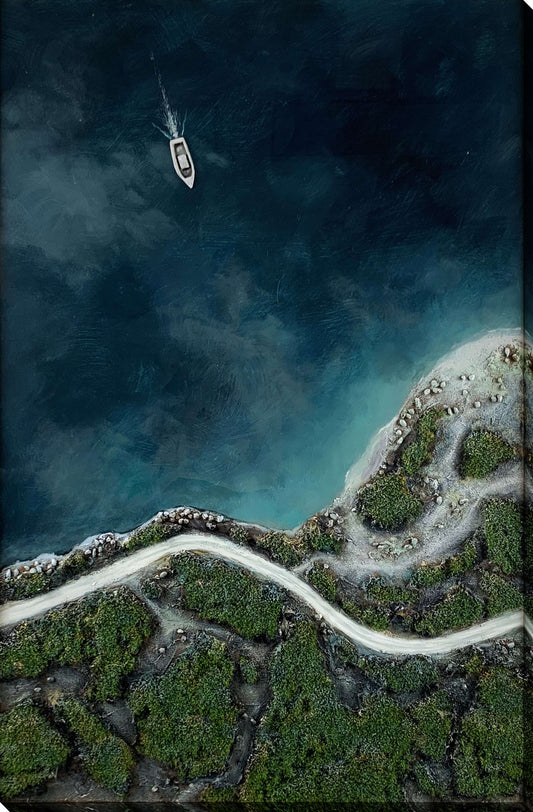 Coastal Passage I Hand-Painted Wrapped Canvas w/Faux Moss
