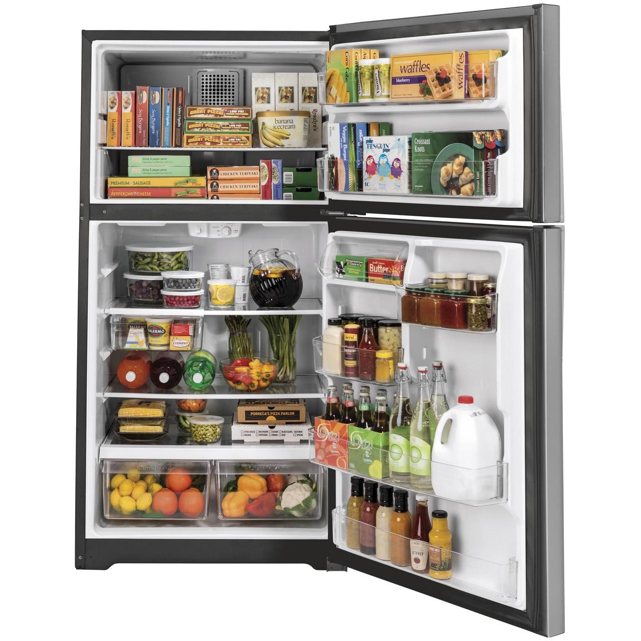  GE 33-inch, 21.9 cu. ft. Top Freezer Refrigerator with edge-to-edge glass shelves GTE22JSNRSS IMAGE 3