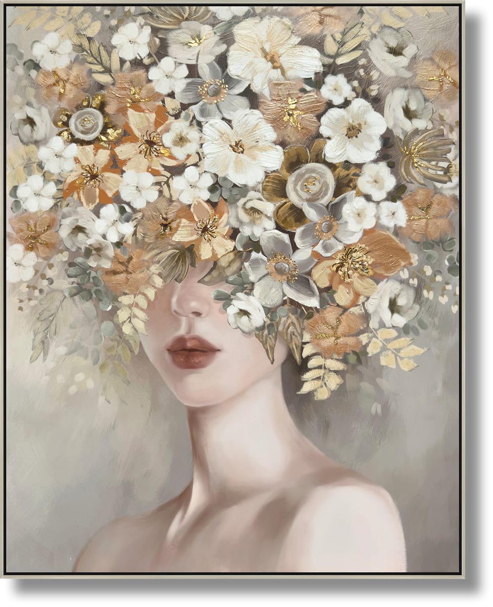 ''Golden Bloomed Grace Portrait'' Hand-painted Canvas in Frame