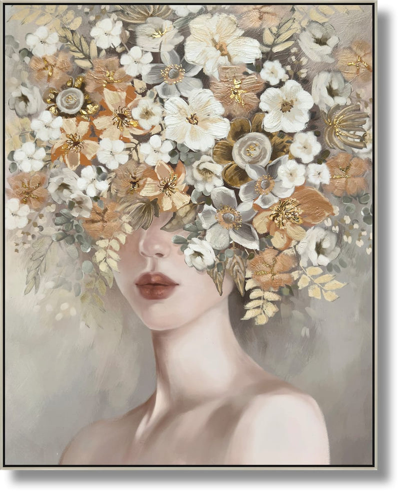 ''Golden Bloomed Grace Portrait'' Hand-painted Canvas in Frame