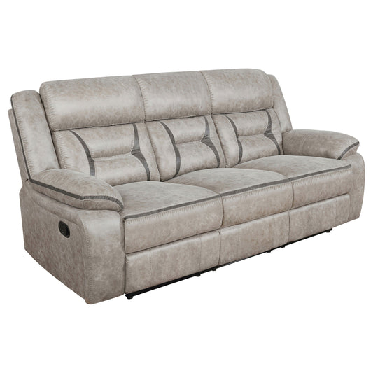 Greer Upholstered Motion Reclining Sofa – Brown Leatherette