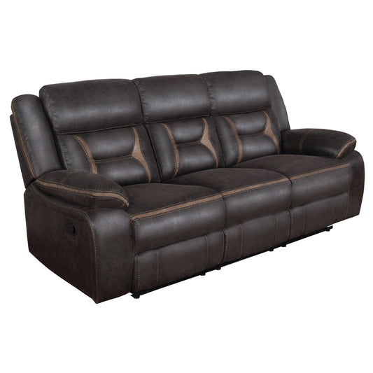 Greer Upholstered Motion Reclining Sofa – Brown Leatherette