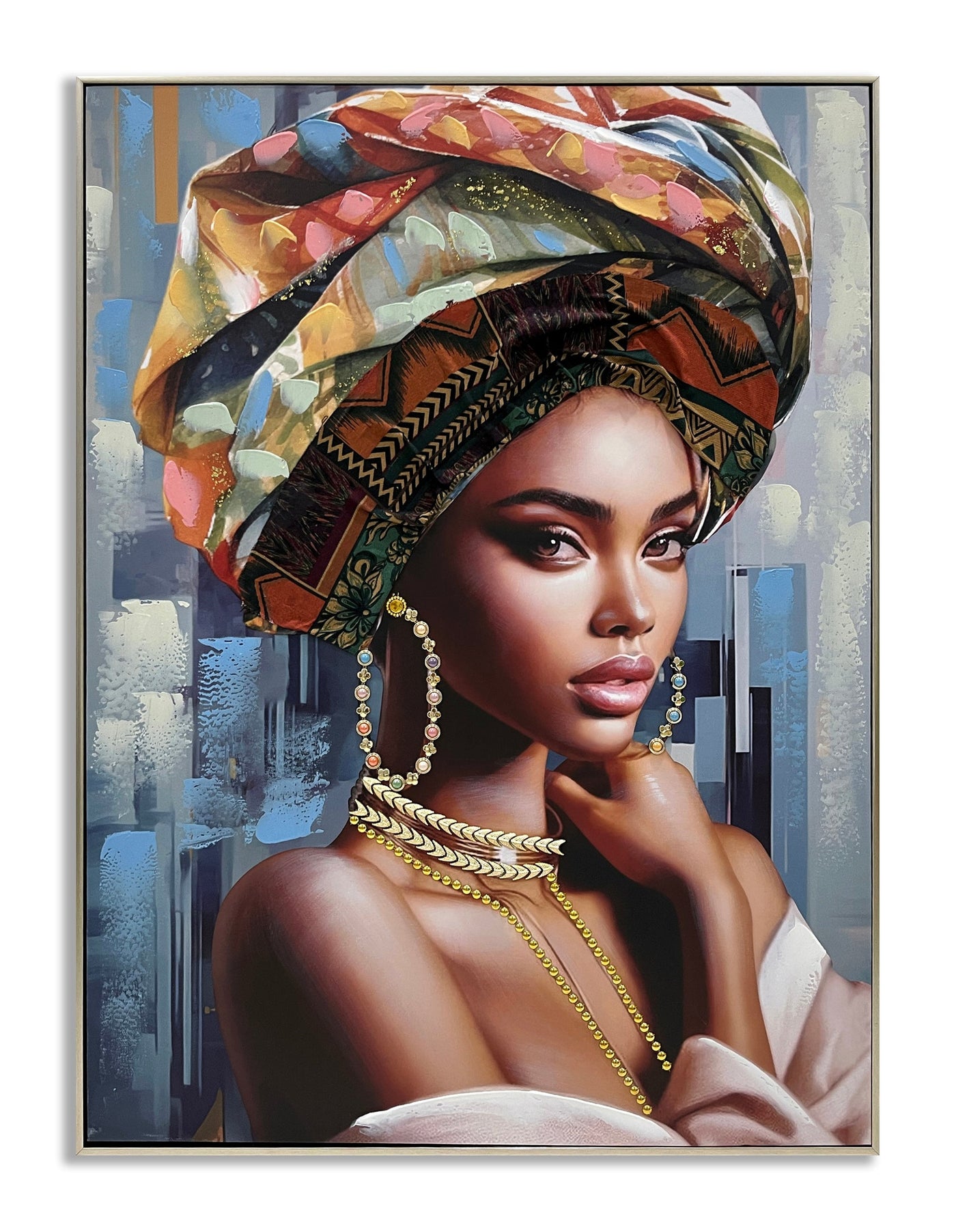 ''African Lady on Blue'' Hand-painted Canvas w/ Fabric in Frame