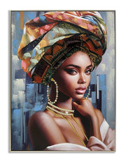 ''African Lady on Blue'' Hand-painted Canvas w/ Fabric in Frame