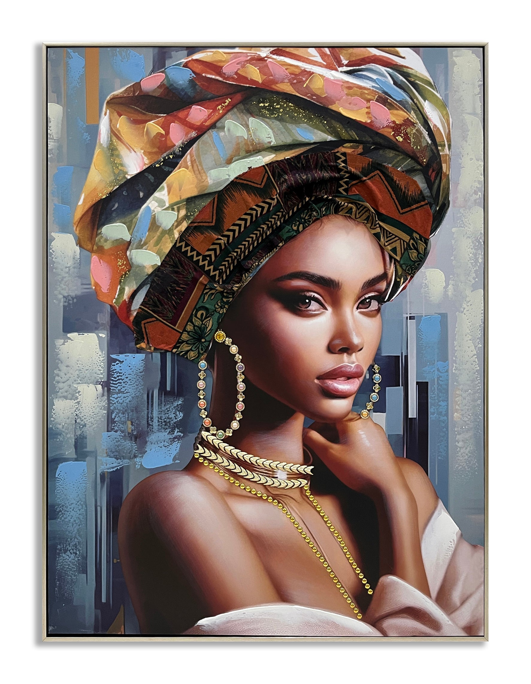 ''African Lady on Blue'' Hand-painted Canvas w/ Fabric in Frame