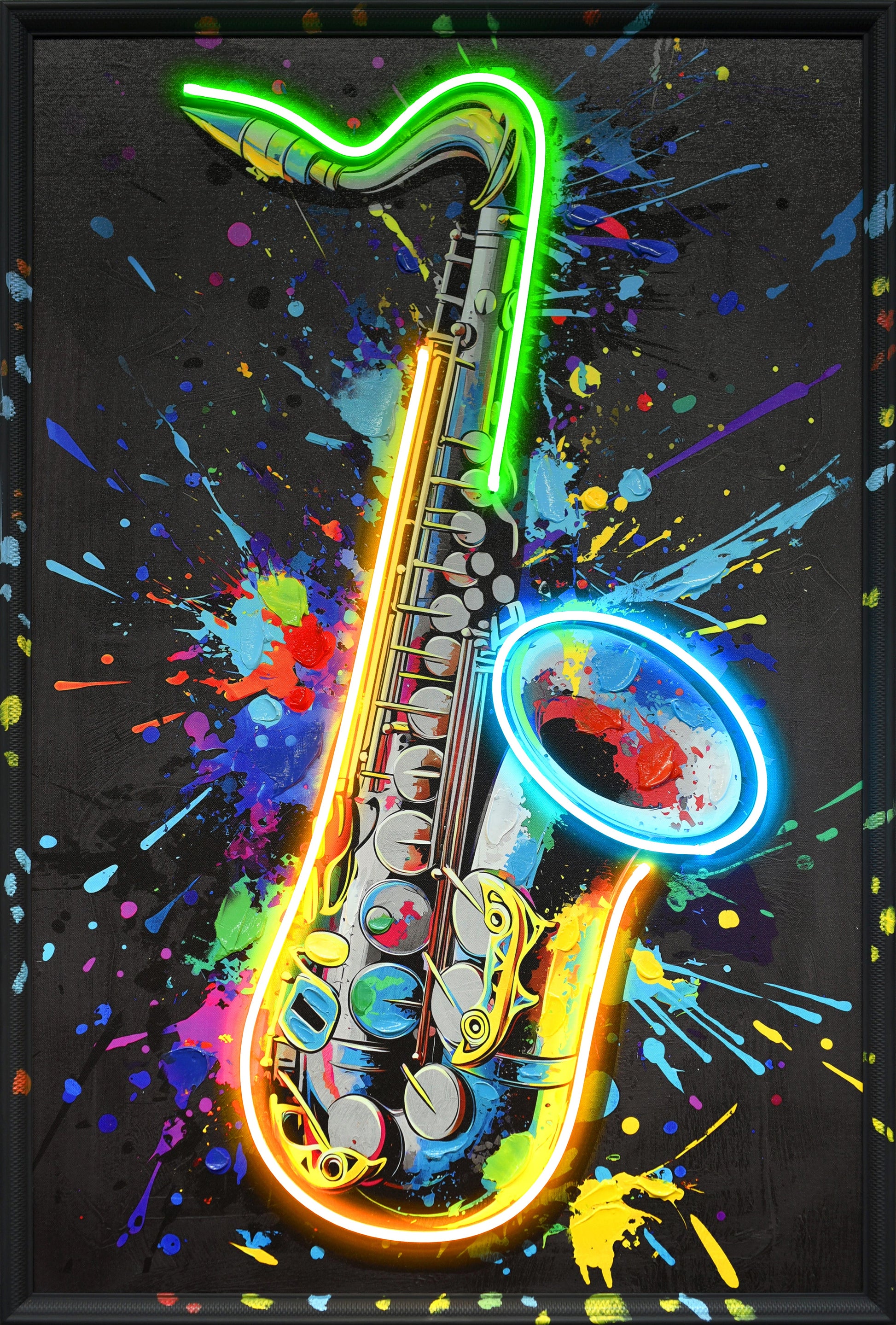 ''Vivid Neon Saxophone Wall Art'' Hand-painted LED in Frame