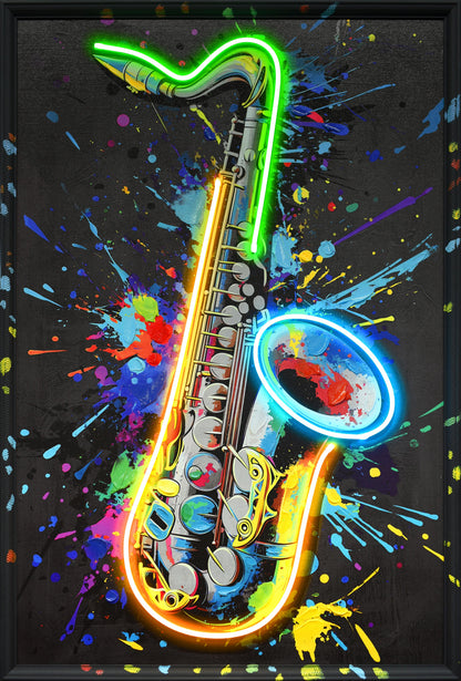 ''Vivid Neon Saxophone Wall Art'' Hand-painted LED in Frame