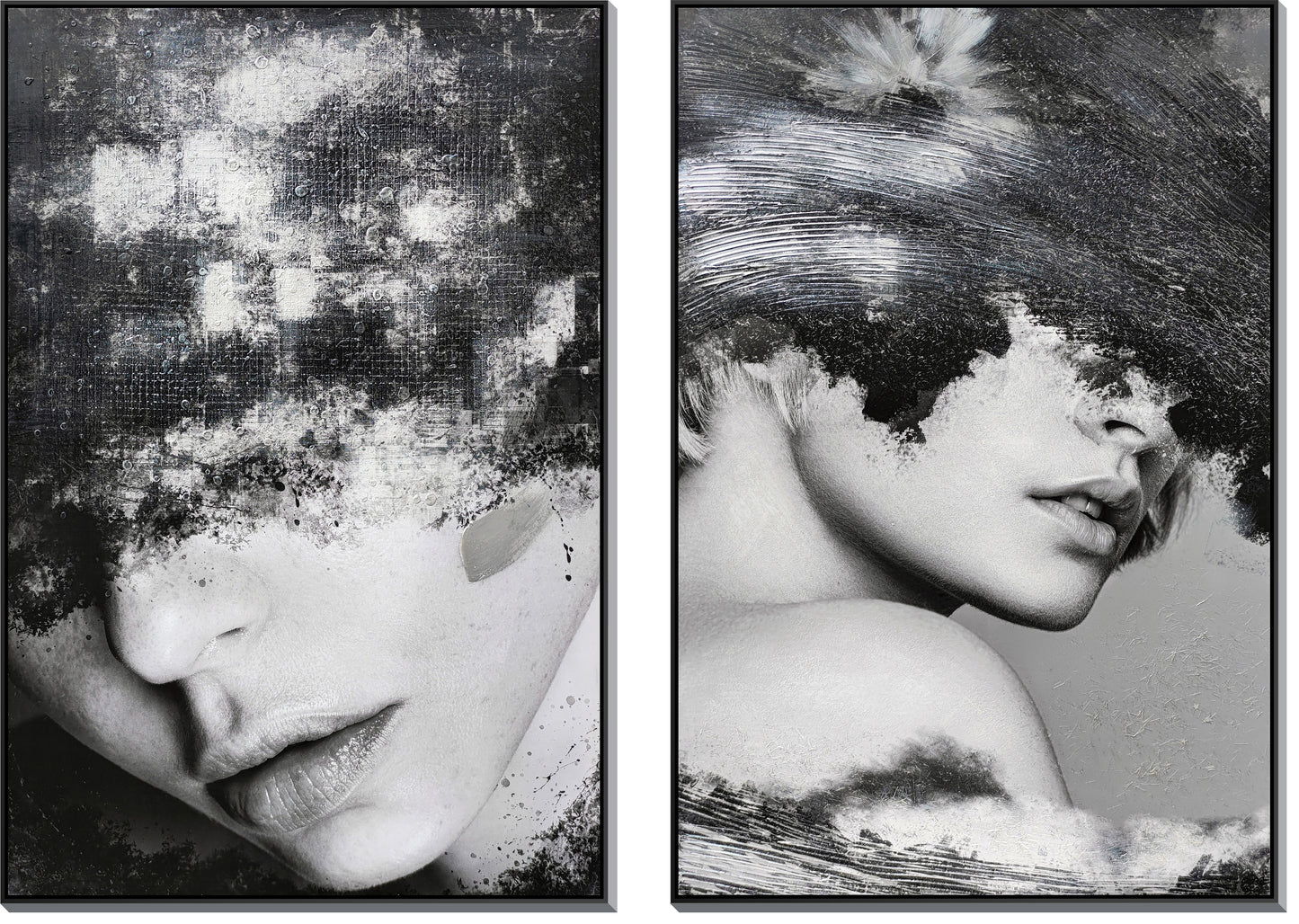 ''Veiled Echoes in Monochrome'' Hand-painted Canvas in Frame (set)