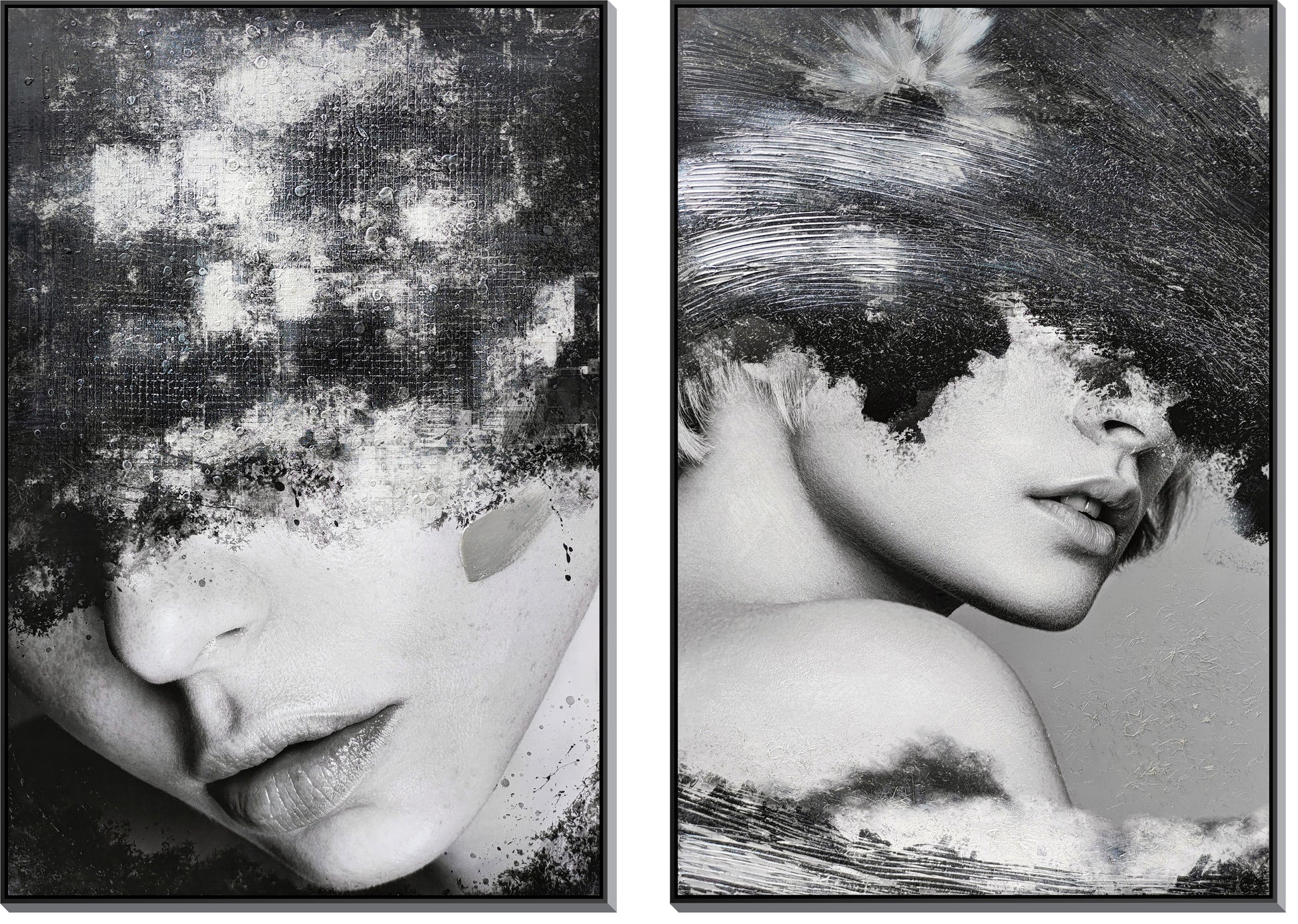''Veiled Echoes in Monochrome'' Hand-painted Canvas in Frame (set)
