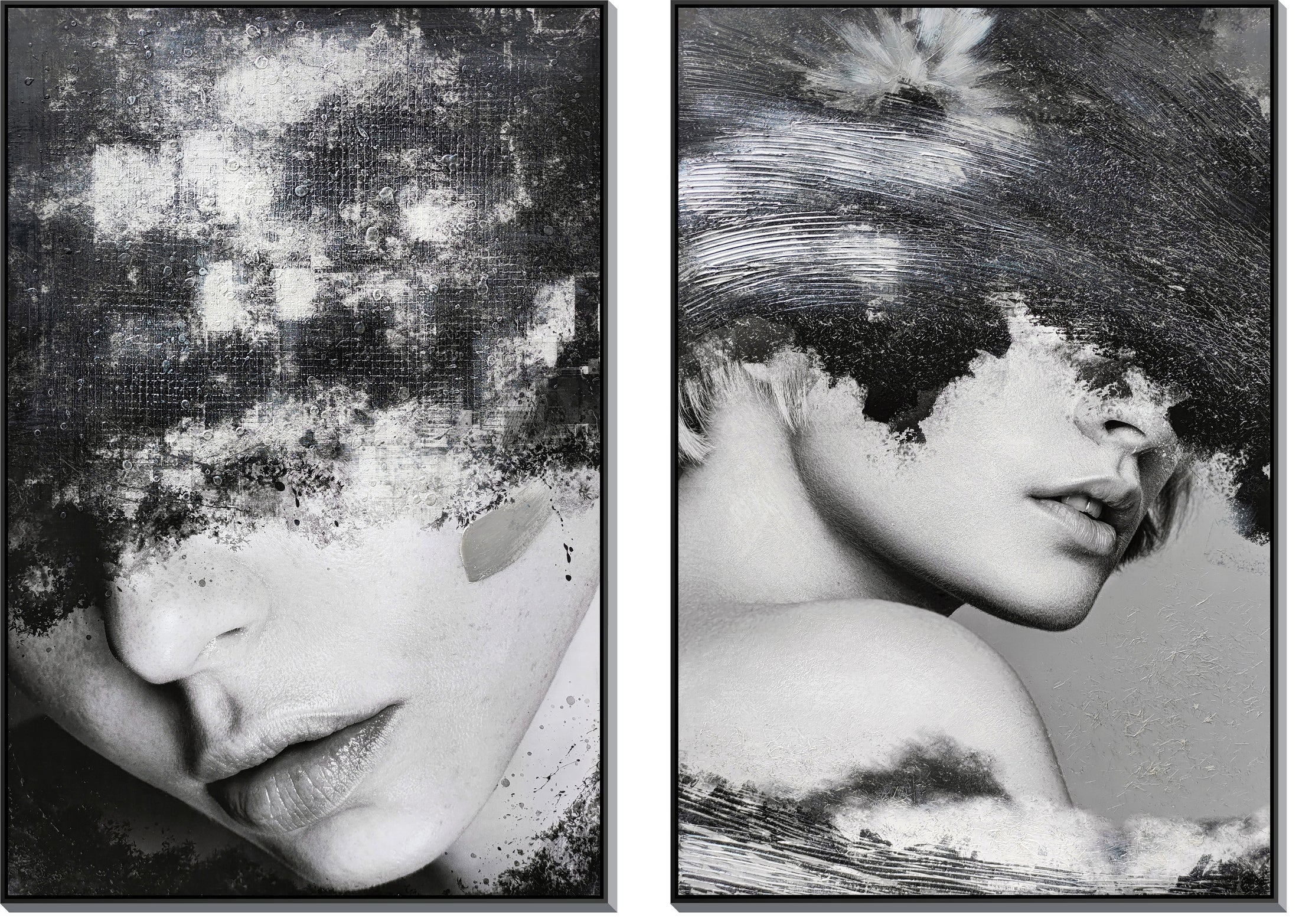 ''Veiled Echoes in Monochrome'' Hand-painted Canvas in Frame (set)