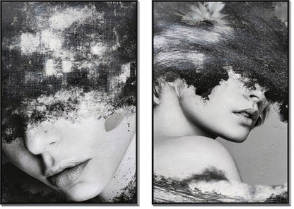 ''Veiled Echoes in Monochrome'' Hand-painted Canvas in Frame (set)