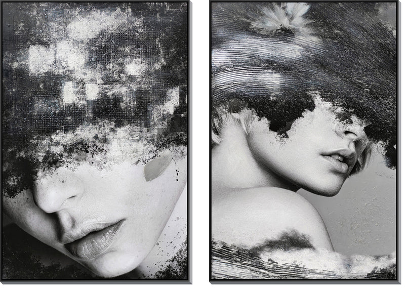 ''Veiled Echoes in Monochrome'' Hand-painted Canvas in Frame (set)