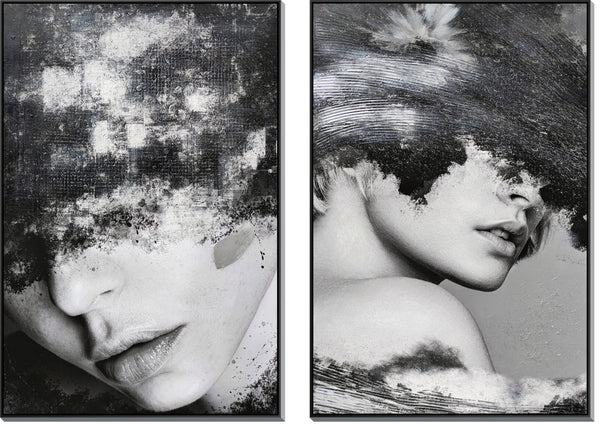''Veiled Echoes in Monochrome'' Hand-painted Canvas in Frame (set)