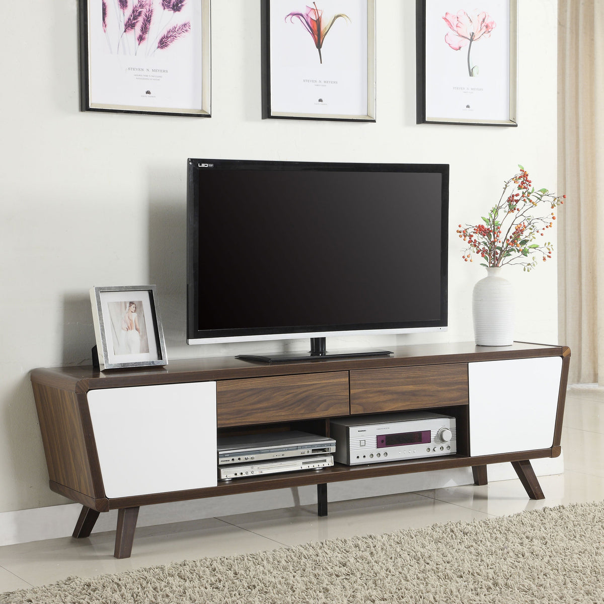 Mueble para TV Alvin de 74 pulgadas, de madera de ingeniería y dos puertas, color nogal oscuro