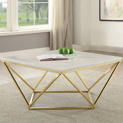 Mesa de centro cuadrada Meryl con superficie de imitación de mármol, blanca y dorada