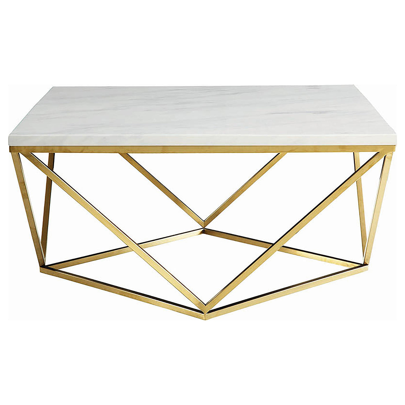 Mesa de centro cuadrada Meryl con superficie de imitación de mármol, blanca y dorada