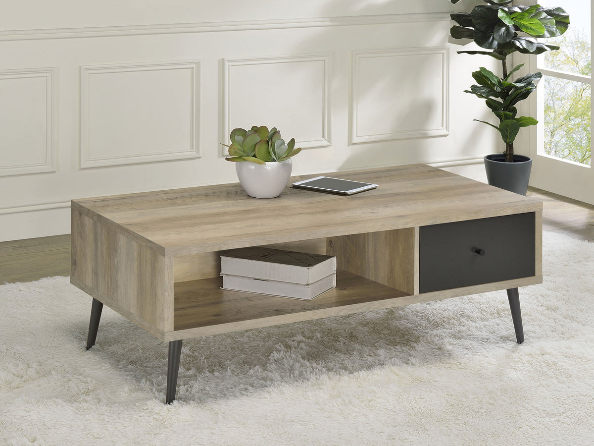 Mesa de centro de madera de ingeniería galesa con 1 cajón, pino envejecido