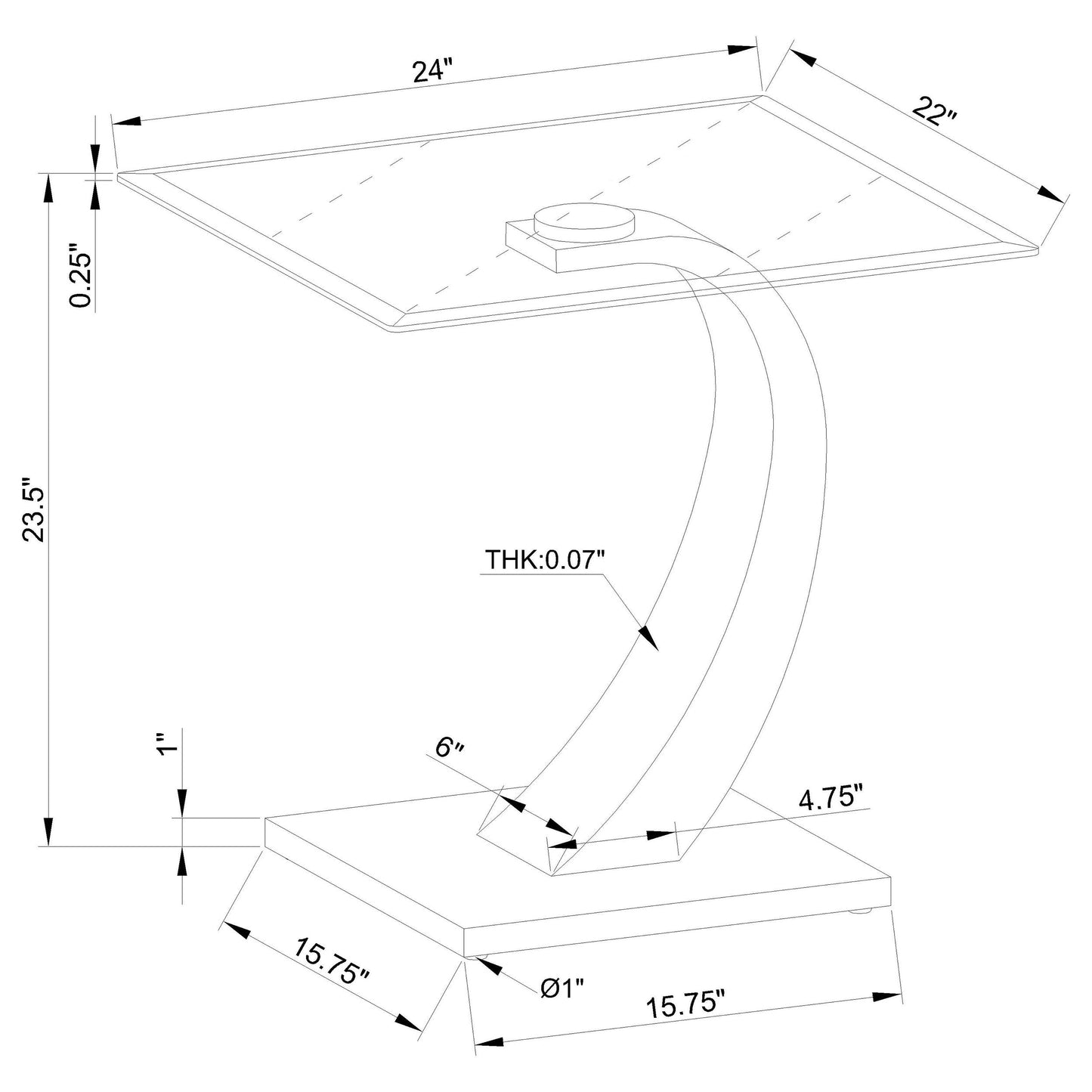 Mesa auxiliar rectangular de metal con tapa de vidrio Pruitt, color plata satinado